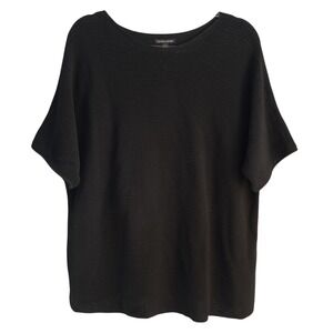 Eileen Fisher Large Black Peruvian Organic Cotton Crepe Bateau Neck Top Knit NWT